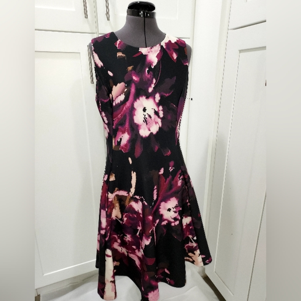 DKNY Floral Black and Pink Scuba Fabric Dress Fit And Flair With Pockets